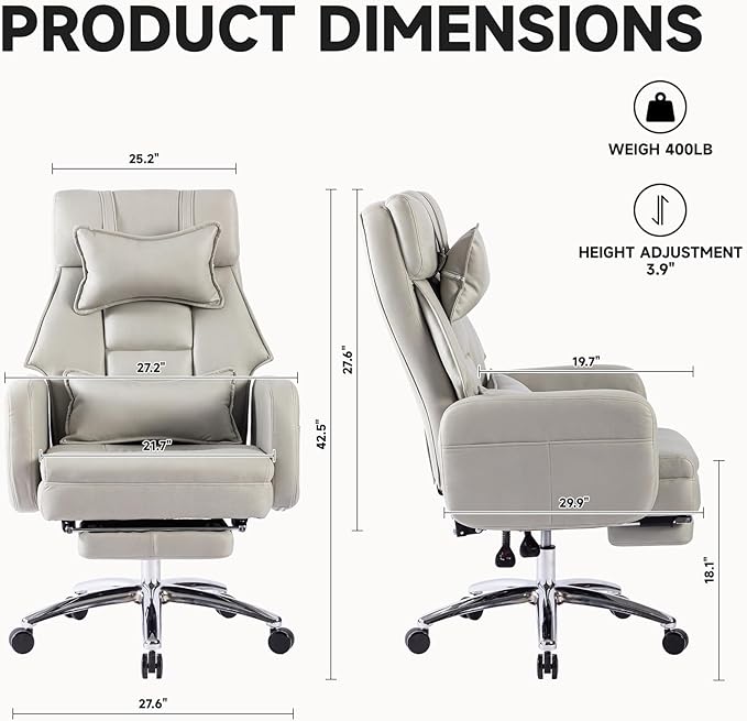 Video Game Desk ChairSwivel Ergonomic Office Chairwith Footrest and Comfy Lumbar SupportPU Leather Recliner with HeadrestFixed Up ArmrestHeight Adjustable with 360°Swivelfor Adults (Light Grey)