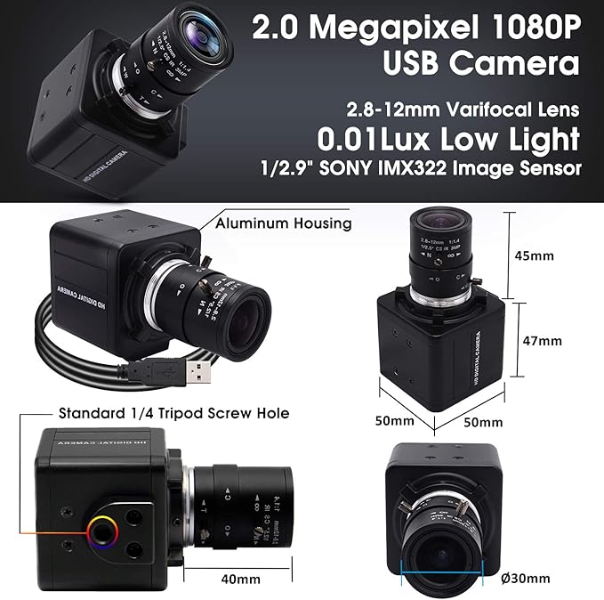 SVPRO 1080P USB Camera with Zoom 2.8-12mm Varifocal LensManual Focus IMX323 SensorLow Light Zoom Webcam UVC USB Plug and Play External Computer Camera for PCLaptop Support H.264