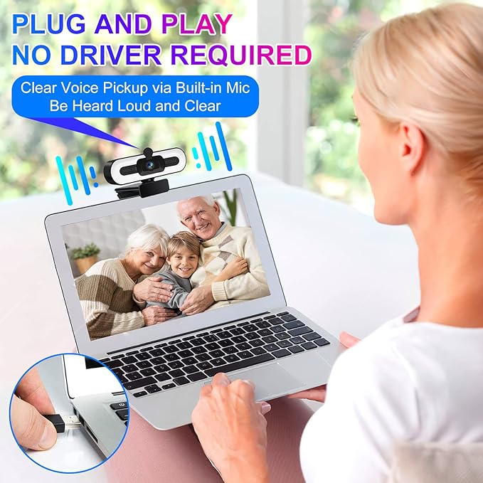 1080P Webcam with Microphone for Desktop USB PC Laptop Computer Camera with Ring Light &amp Webcam Cover 3 Light Colors 110 Wide Angles View Plug and Play