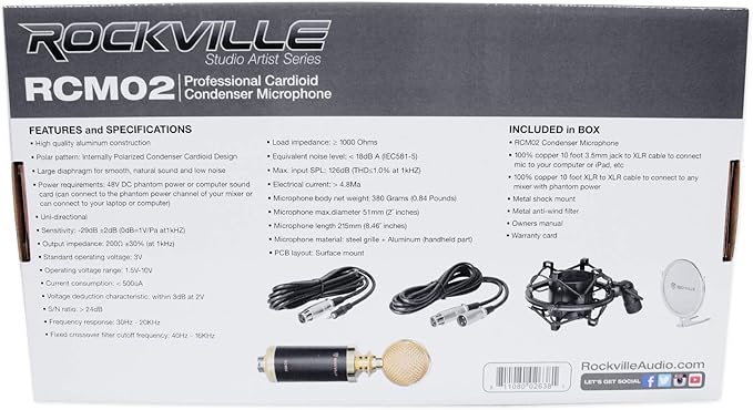 Rockville RCM02 Pro Studio Condenser Microphone Cardioid Pattern All-Aluminum Chassis with Steel Basket Dual Connectivity XLR and 3.5mm Shock Mount Cables for Recording and Podcasting