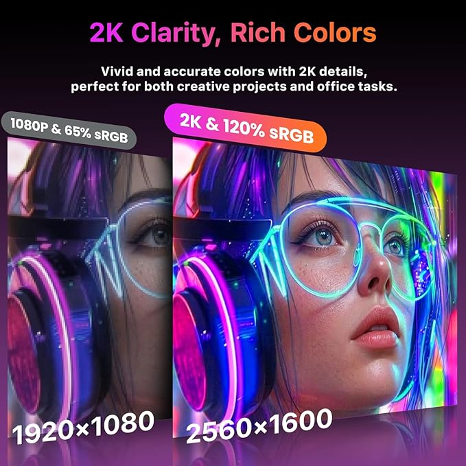 Portable Monitor 18.5 inch 2K QHD 120% sRGB 120Hz Travel Monitor for Laptop MacBook Surface PC Xbox PS5 HDMI USB-C VESA Compatible Built-in Speaker