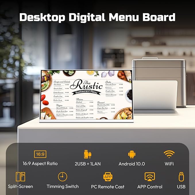 24 Inch Desktop Digital Menu Board HD Digital Signage Retail Store Payment Kiosk Commercial Display Advertising Screen Android with HDMI in Electronic menu display for Milk Tea Shop/Restaurant