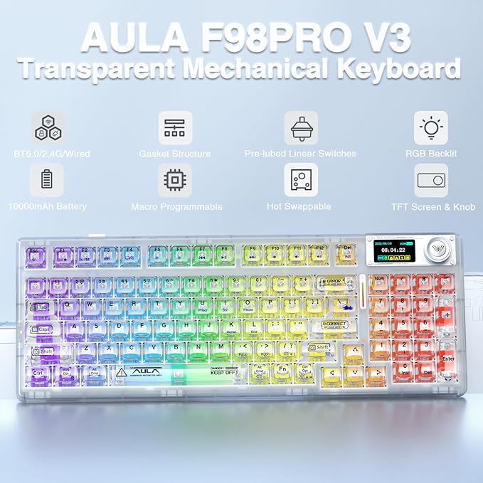 AULA F98 Pro Wireless Mechanical Keyboard with Transparent KeycapsHot-swappablePre-lubed Linear SwitchesGasket StructureRGB BacklitOLED ScreenBT5.0/2.4G/USB-C Wired Computer Keyboard