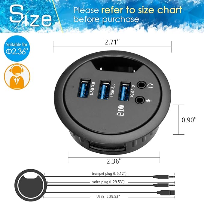 WDX Grommet Hole in Desk USB 3.0 3 Port Hub BC 1.2 USB Charger with 3.5mm Sound Card Mic Phone Jack for iPhone/Smart Phones