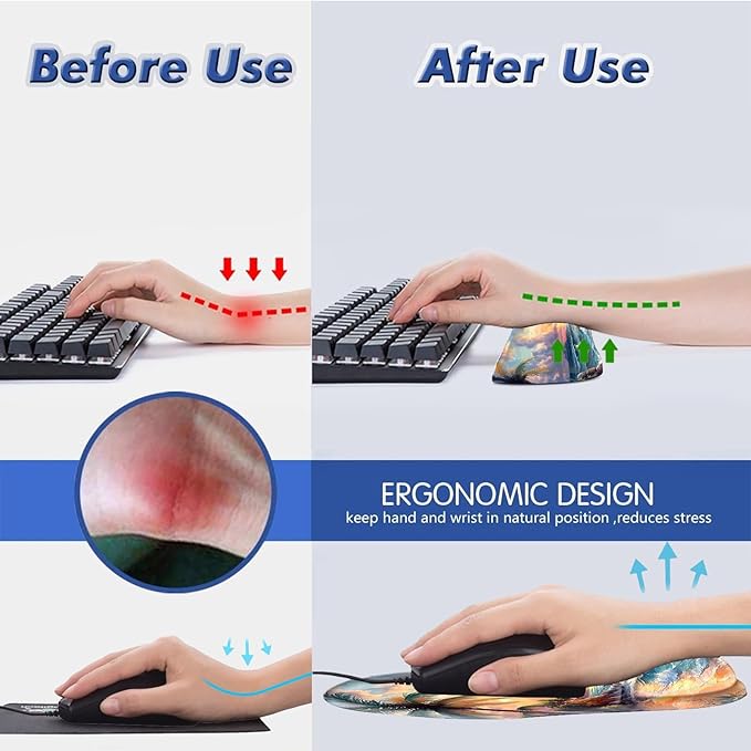 Bxgolkgd Ergonomic Gel Mouse Wrist Rest Pad and Keyboard Pad SetAnti-Slip PU Bottom Easy Typing and Relieve Wrist Pain with Cute Coaster Set (3-Palm Tree Beach)