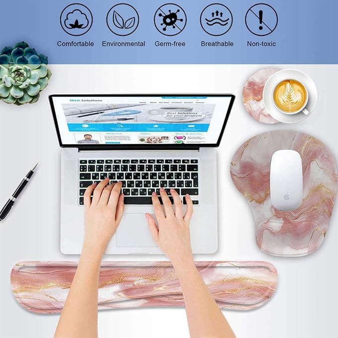 Keyboard Wrist Rest Pad Ergonomic Mouse Pad SetNon-Slip PU Base for Laptop Home Gaming OfficeMatching Elephant Pen Holder and Cup Coaster(Rose Gold Marble)