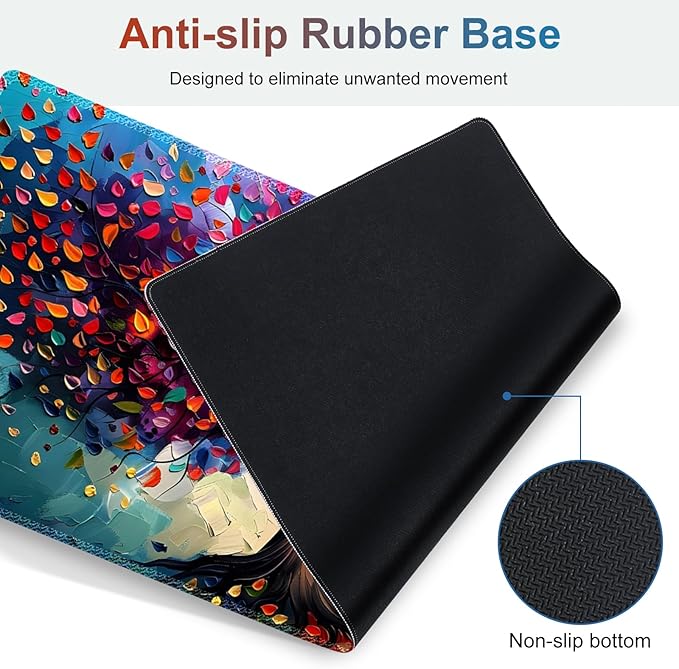Large Gaming Mouse Pad Set 4 in 1 Ergonomics Keyboard Desk Mat with Memory Foam Wrist Rest Computer Extended Game Mousepad Non-Slip Desk Matt Easy Typing Pain Relief I Colorful Tree Leave