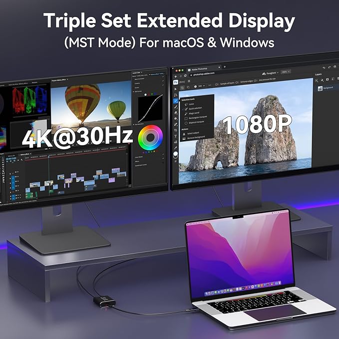 HDMI Splitter Extended Display for Dual Monitor USB A &amp C to 2 hdmi Adapter 1 in 2 Out for Laptop Mac Triple Set Support MST &amp SST Modes 4K@30Hz Out 1 1080p Out 2