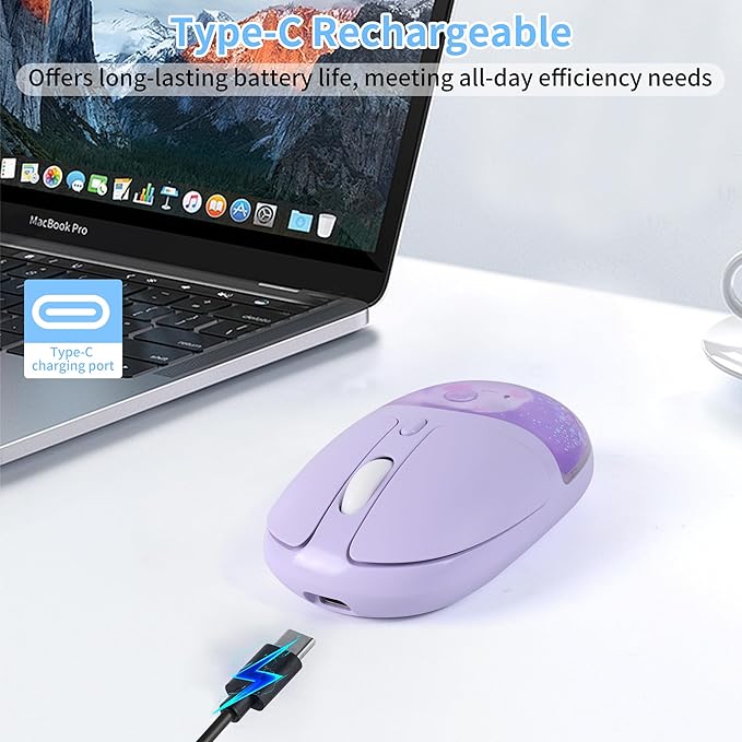 Wireless Mouse with Liquid Quicksand Sequins 2.4GHz &amp Bluetooth Dual Mode Rechargeable Silent Cute Aqua Mouse with LED Light Portable Water Mice for Laptop PC Tablet MacBook Kids Adults Gift (Purp