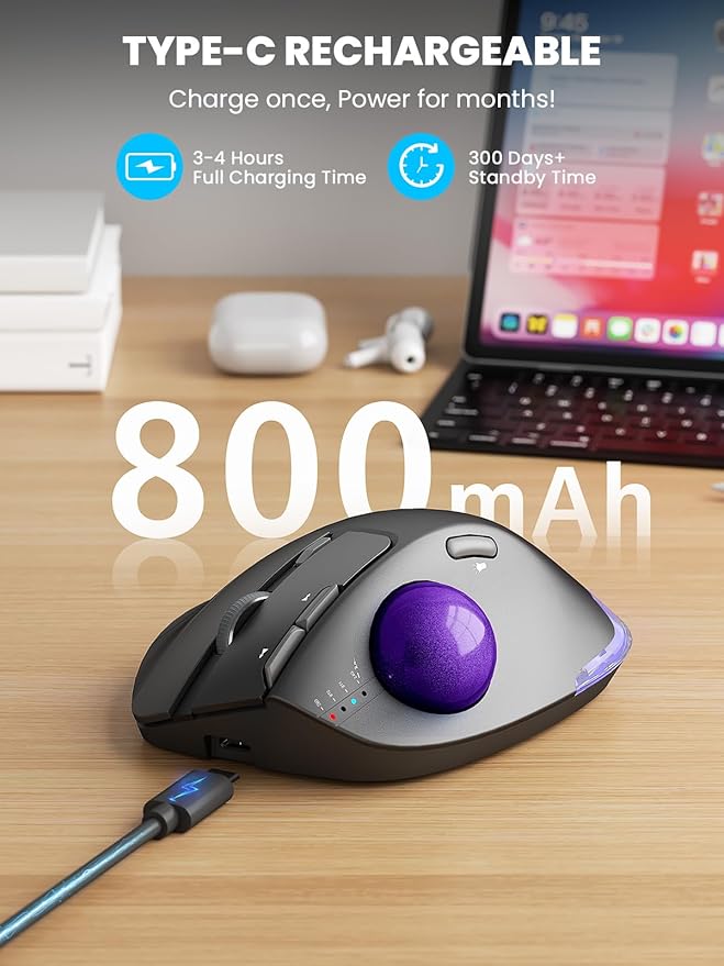 MAM1 Pro Wireless Trackball Mouse Ergonomic Bluetooth Rechargeable Computer Mouse Backlit Rollerball Thumb mice with 5 Level DPI Adjustable Angle 3 Devices Connection for PC Windows - Purple Ball