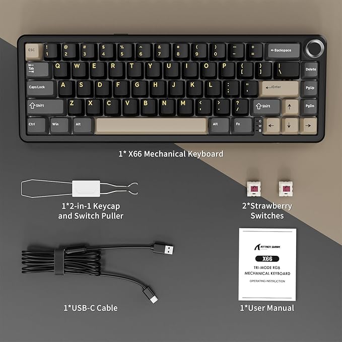ATTACK SHARK X66 Wireless Mechanical Gaming Keyboard with KnobTri Mode USB-C/BT5.0/2.4G Gasket Mounted 60% RGB Gaming Keyboard 66KeysPBT Keycap Hot Swappable Custom Strawberry Switch(Star Black)