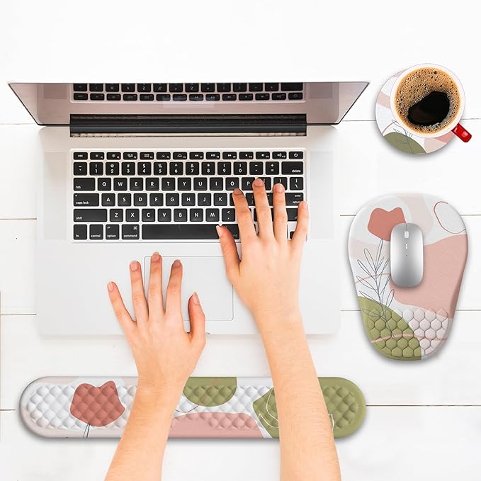 Ergonomic Mouse Pad and Keyboard Wrist Rest with Massage Design Space-Saving Mouse Pad Wrist Support Memory Foam Wrist Rest with Non-Slip PU Base for Computer Desk Rose