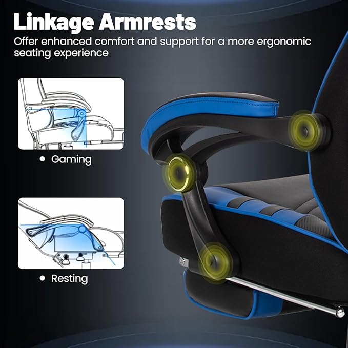 Goplus Gaming Chair Computer Chair with Footrest and Lumbar Support Height Adjustable Executive Swivel Rolling Task Chair with 90°-155° Tilt Function (Blue)