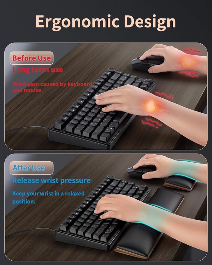 ASFSKY Keyboard and Mouse Wrist Rest Set for 60%-75% Compact Keyboards – Ergonomic Wooden Support Pad with PU Leather &amp Memory Foam Anti-Slip Rubber Base for Gaming Office &amp Typing Pain Reli