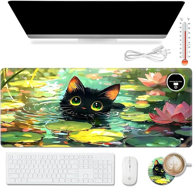 Warm Desk PadHeated Desk PadOffice Mat3 Heating Levels &amp 3 Hours Auto Shut-Off31.5*13 Gaming Mouse Laptop Keyboard Leather Desk MatCartoon Lotus Cat