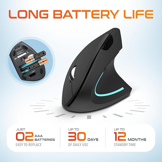 Delton Ergonomic Vertical Wireless Mouse 2.4GHz USB Dongle 6 Buttons 3 Adjustable DPI Levels (800/1200/2400) AA Battery Operated Compatible with PC Laptop Mac Chromebook and More - Black