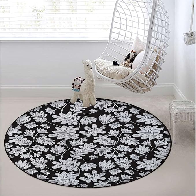 Simplistic Florets Area Rug Rug for Living Room Soft Durable Rugs Carpet for BedroomRound Rug Flower Botanical ArrangementBlack and White Diameter 35.5 in