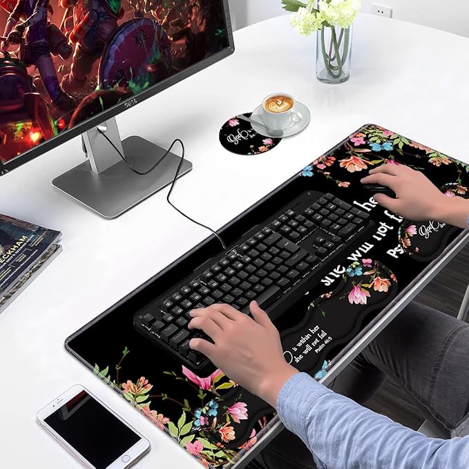 Ergonomic Keyboard Wrist Rest &amp Mouse Pad Wrist Rest SetLarge Gaming Desk Mat 31.5x 11.8 with Non-Slip BaseMemory FoamEasy Typing Pain Relief for Home &amp OfficeFloral Quote Bible Verse Ps