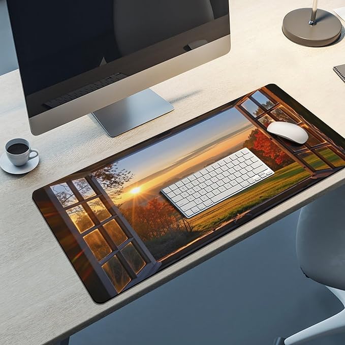 Autumn Window View Desk Mat Desk Pad Large Mouse Pad Anti-Slip Big Mousepad with Stitched Edges Computer Mouse Pads for Gaming Home Office Work 16x36