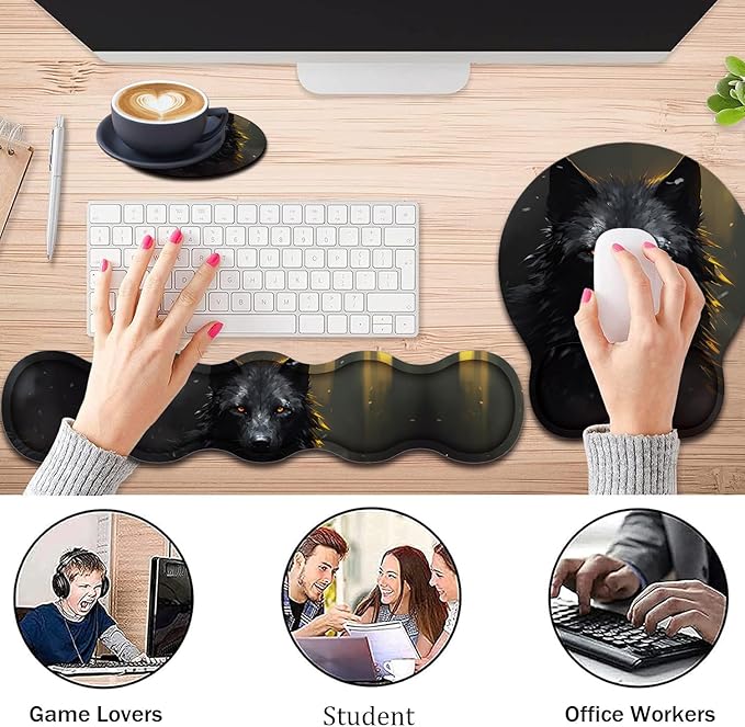 Keyboard Wrist Support + Wrist Mousepad + Coaster Combination Non-Slip PU Base with Gel Memory Mousepad Suitable for Gaming Office Pain Relief Mousepad Set - Black Wolf