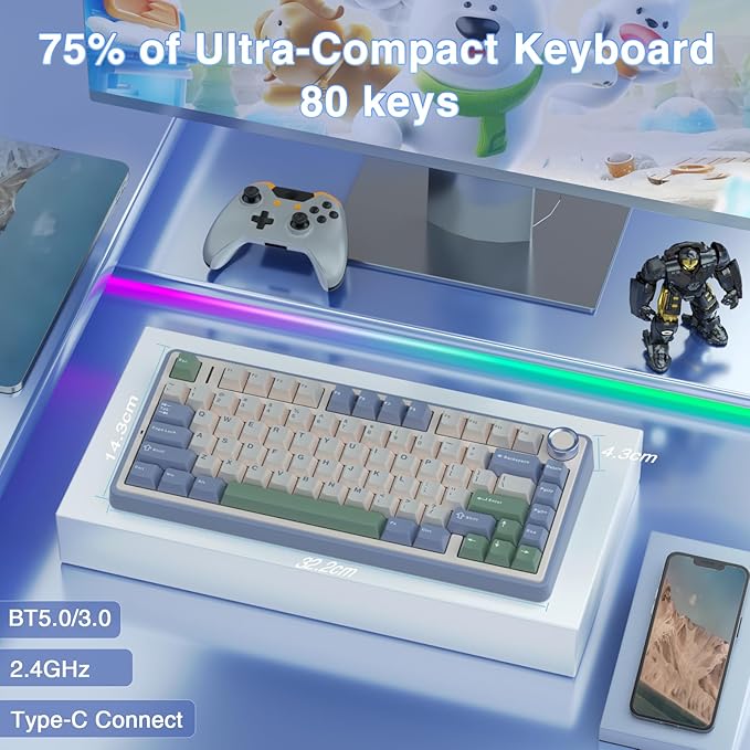 AULA F75 75% Wireless Mechanical Keyboard Hot Swappable Creamy Keyboard Pre-lubed Reaper Switches RGB Backlit Gaming Keyboards 2.4GHz/Type-C/BT5.0(White &amp Green)