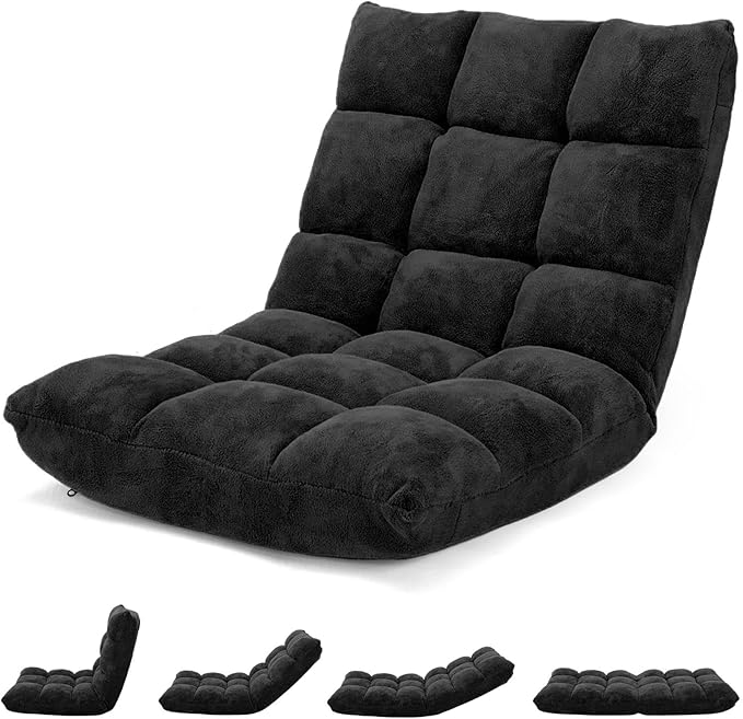 HOMGX Folding Floor Chair Gaming Sofa Chair w/ 14 Position Backrest &amp Sturdy Steel Frame &amp Breathable Cushion Adjustable Floor Lazy Sofa Chair Lounge Chair for Reading Meditating (Black)