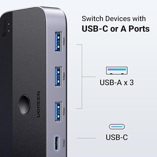 UGREEN USB 3.0 Switch 2 Computers Sharing USB C &amp A Devices 4 Port USB Switcher Sharing Keyboard and Mouse Printer/Scanner USB Switch Hub for Two Computers with 2 USB3.0 Cables and Controller