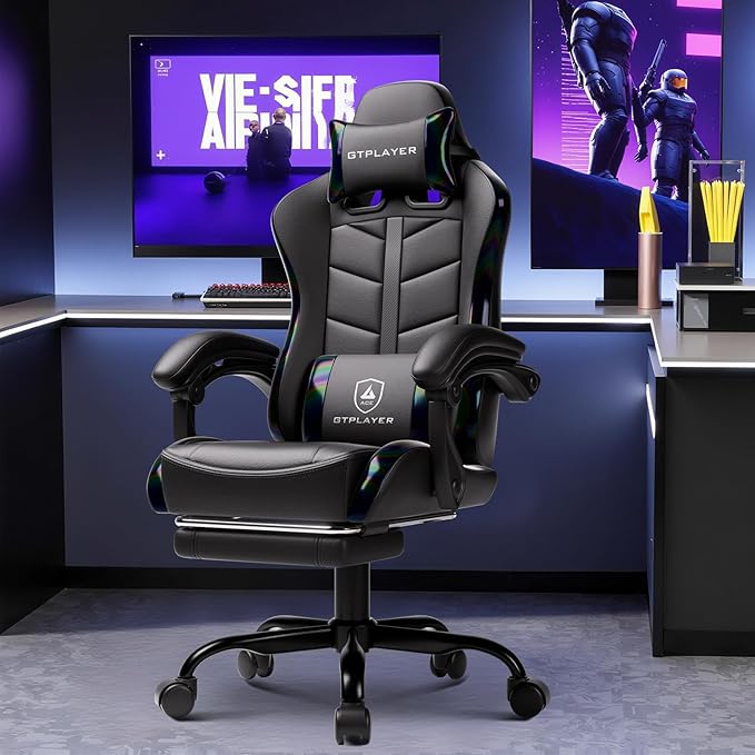 GTPLAYER Gaming Chair with Footrest Computer Gaming Chair for Adults and Kids Height Adjustable Gamer Chair with 90-155° Recline &amp Removable Headrest Lumbar SupportColorful Black