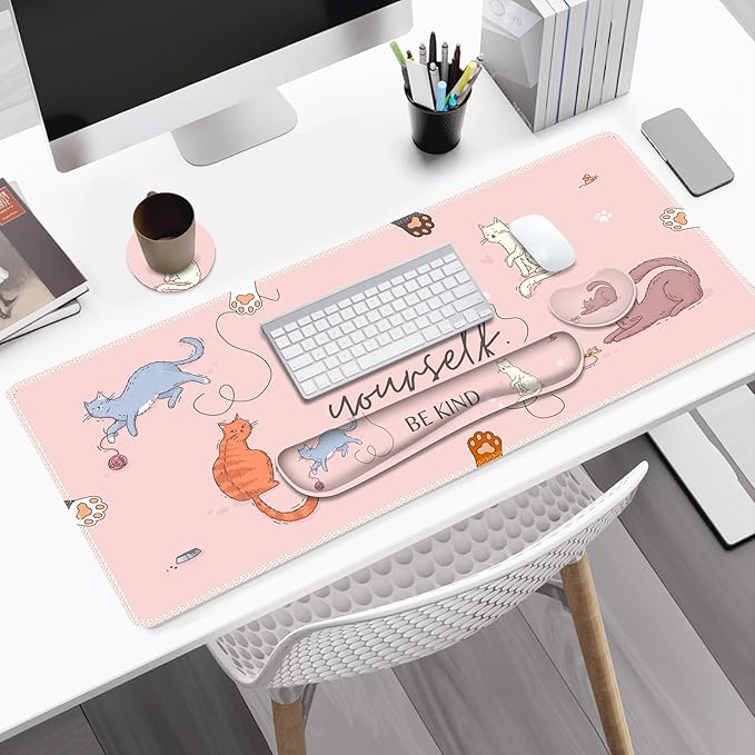 Large Gaming Mouse Pad Set Pink Cats Ergonomics Keyboard Desk Mat with Memory Foam Wrist Rest Extended Game Mousepad Non-Slip Desk Pad Matt Easy Typing Pain Relief I Be Kind to Yourself