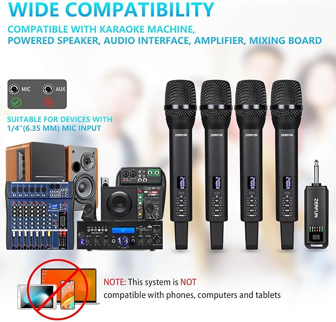 Rechargeable Wireless Microphones 4 Pro Handheld Cordless Mics System Dynamic with Echo Treble BASS VOL Control for Karaoke Singing Church Party 1/4'' Output D240 Black