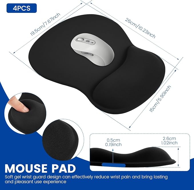 Ergonomic Mouse Pad with Gel Wrist Rest 4 Pack Smooth Wrist Support Surface Comfortable Mousepad with Non-Slip Base for Laptop Computer Office &amp Home Desk Accessories.