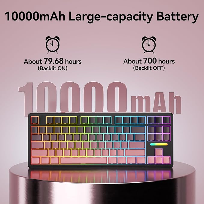 AUSDOM H87 Wireless Mechanical Gaming Keyboard: 10000mAh Battery 2.4G/BT5.3/USB-C Hot Swappable Custom Keyboard with RGB Backlit Side Printed PBT Keycaps 15-Layer Gasket Structure Black Pink