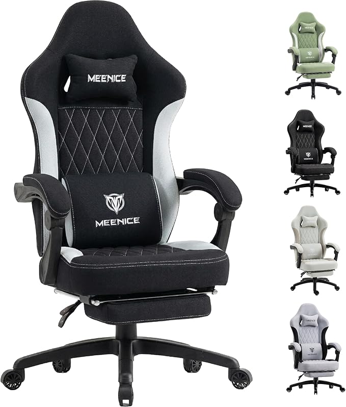 Gaming Chair Fabric with Pocket Spring CustionErgonomic High Back Video Game Chair with Footrest Massage Lumbar Support Comfy Computer Chair for Adults Game Office Black&ampWhite