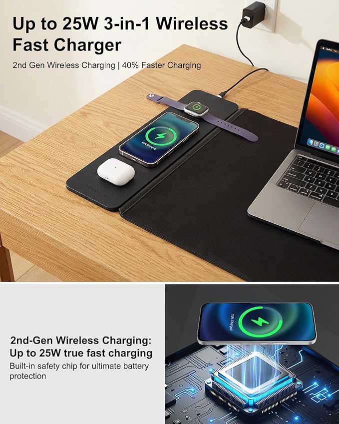 Wireless Charging Mouse Pad with 2nd Gen Tech 3-in-1 25W Fast Charger Replaceable Rubber &amp Microfiber Leather Desk Mat Large Waterproof Desk Pad for Office &amp Gaming(Leather Mat&amp Coaster