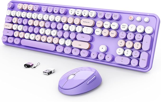 Wireless Keyboard and Mouse Combo Ergonomic Full Size Typewriter Retro Round Keycaps Keyboard Compatible with Windows PC Perfer for Home and Office Keyboards (Purple