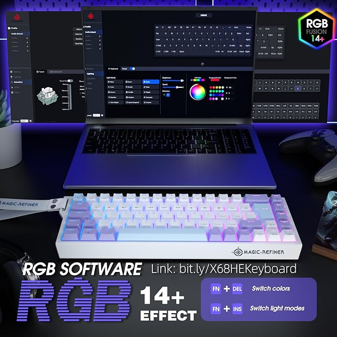 ZIYOU LANG X Magic-Refiner X68HE 8KHz Rapid Trigger Mechanical Gaming Keyboard60% WiredHall Effect Magnetic SwitchAdjustable ActuationRGB BacklitSnap Tap RGB Backlit for PC/Mac Purple&ampWhite