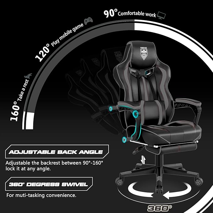 Vonesse Gaming Chair for Adults Reclining Gaming Chairs with Footrest and Massage Computer Gaming Chair for Heavy PeopleErgonomic Gamer Chair Big and Tall (Black/Gray)