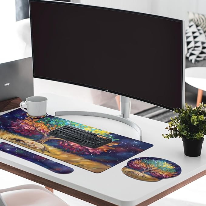 Britimes Colorful Tree Oil Painting Keyboard Mouse Pad Set Cute Dog 4in1 Large Mousepad+Keyboard Wrist Rest+Mouse Wrist Rest+Coaster Ergonomic Design for Home Office Computer 35.4x15.7 inches