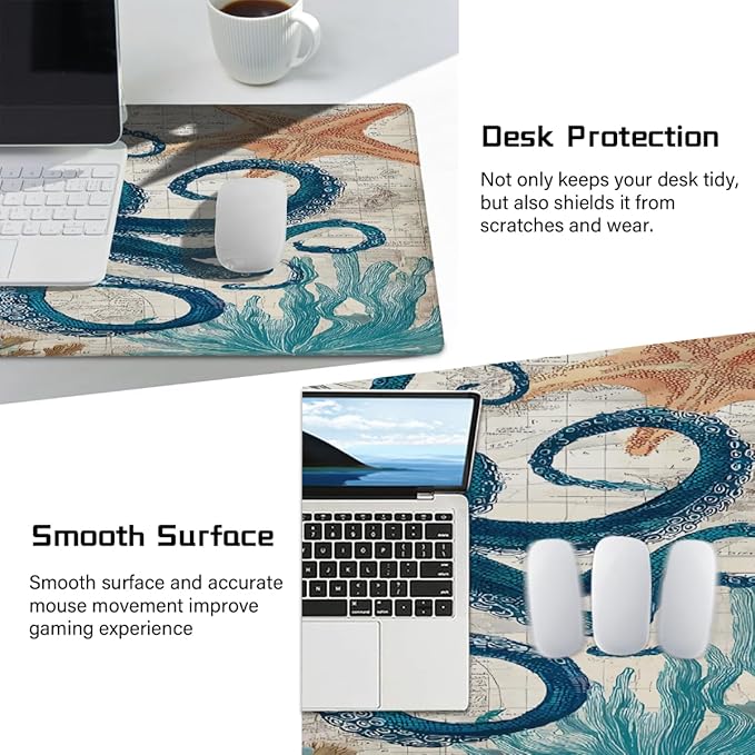 Large Octopus Ocean Vintage Mouse Mat Computer Mousepad with Non-Slip Rubber Base Waterproof Mouse Pad Desktop Keyboard Pad for GamerHome School Laptop Office Accessories16x35.5in