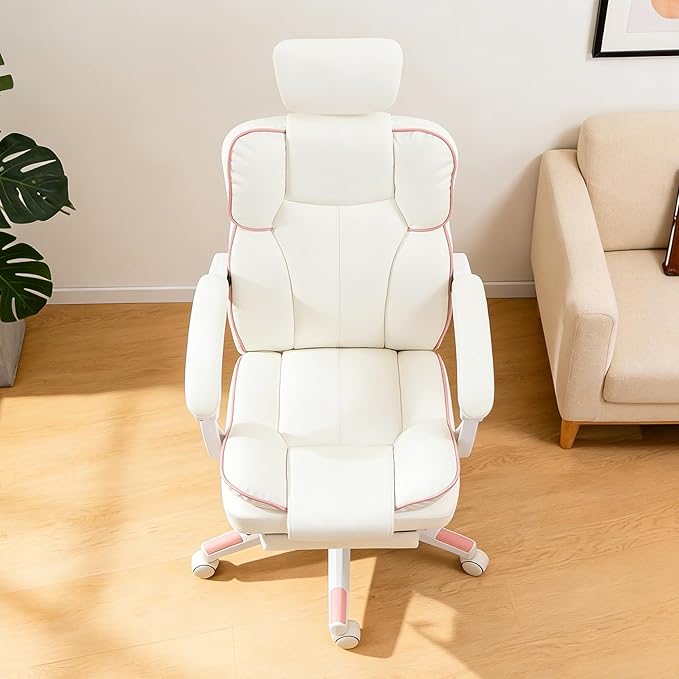Gaming Chair with Footrest Modern Computer Gaming Chair High Back Ergonomic Reclining Swivel PU Leather Racing Seat for Adults Home Office White