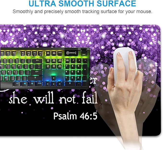 Black Gaming Mouse Pad Extended Large Mouse Pads Ergonomic Memory Foam Keyboard Wrist Rest Support &amp Non-Slip Mouse Wrist Rest for Laptop Desk Writing Pad Purple Glitter Psalm 46:5 Office Desk M