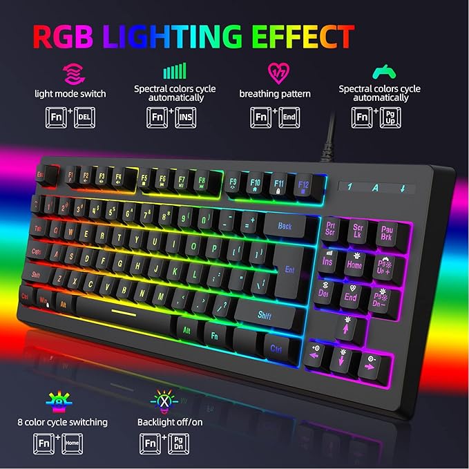 GOWENIC RGB Gaming Keyboard USB Wired LED Backlit 87 Key Ergonomic Keyboard for PC Computer Gaming Work and Laptop Wired Keyboard for Typing