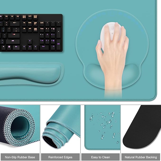 Dapesuom Large Gaming Mouse Pad Mouse Pads with Wrist Rest Wrist Support 4in1 Big XXL Desk Mat Desk Pad + Ergonomic Mousepad + Memory Foam Keyboard Mat Wrist Rest + Coaster Set for Computer Green