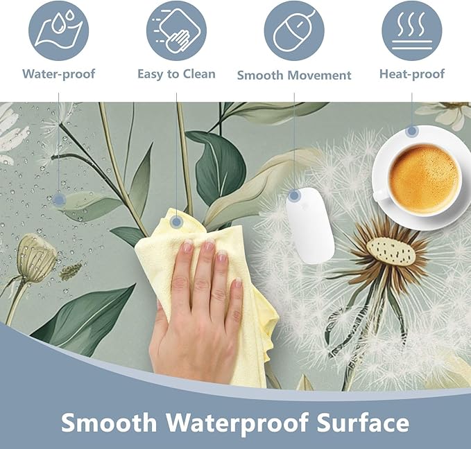 Mouse Pad Desk Mat Leather Desk Pad Large Gaming Desk Cover Protector Mat for Keyboard Computer Laptop Office Waterproof 35.4 x 16.5 Inch Sage Green Dandelion