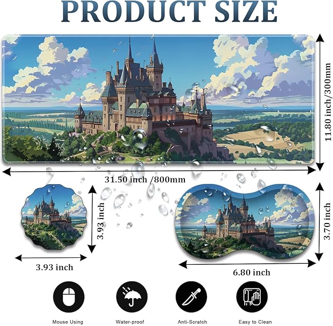 Large Gaming Mouse Pad + Wrist Rest + Lace Coaster Non-Slip Set with Sewn Edges and Waterproof Expandable Desktop Pad Suitable for Office/Home Castle in Forest