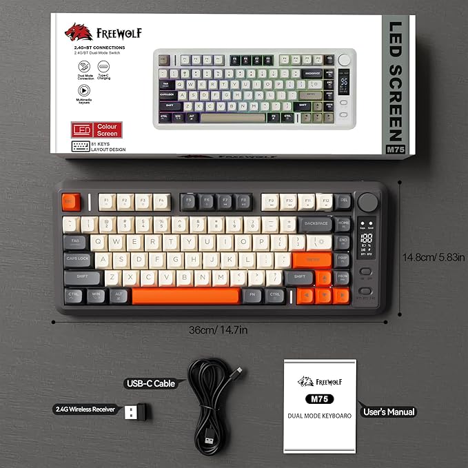 ZIYOU LANG M75 Wireless Gaming Keyboard RGB Backlit Rechargeable 2000mAh Battery Small Membrane But Mechanical Feel Keyboard with Smart Display &amp Knob PBT Gradient keycaps for PC MAC - Shimmer
