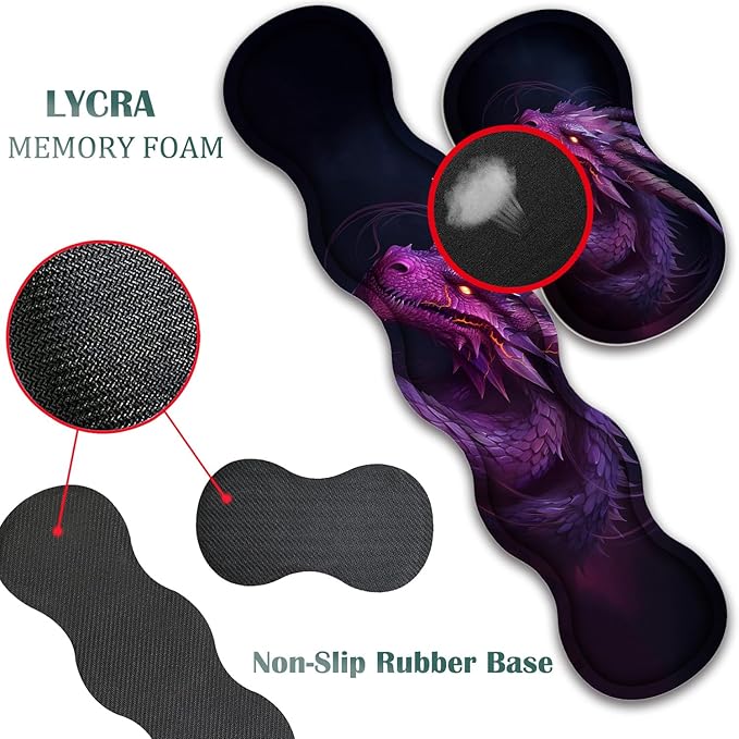 4 in 1 Mouse Pad Combo Large Gaming Mouse Pad + Keyboard Wrist Support + Mouse Wrist Rest + Coaster Table Pad 31.5 x 11.8 with Memory Foam Ergonomic Wrist Pad Set Flame Eyes Purple Dragon