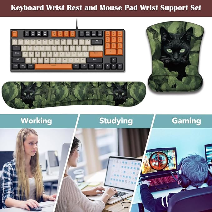 Keyboard Wrist Rest and Mouse Pad Wrist Support with Lace-Shaped Coaster Set Ergonomic Gel Memory Foam and Anti-Slip Base Easy Typing and Pain Relief - Black Cat