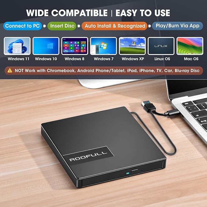 ROOFULL External CD DVD Drive with 4* USB Ports and 2* SD/TF Card Slot for Laptop USB 3.0 Type-C CD-R/RW/ROM Reader Writer Burner DVD Player Disc Drive for PC Mac Windows 11/10 MacBook Linux Computer