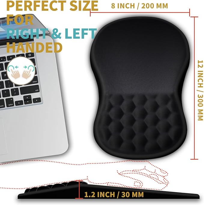 Hokafenle Ergonomic Mouse Pad Wrist Support with Massage Design Wrist Rest Pain Relief Mousepad with Memory Foam&ampNon-Slip PU Base Mouse Pads for Wireless Mouse &amp Desk (12x8 inchBlack)